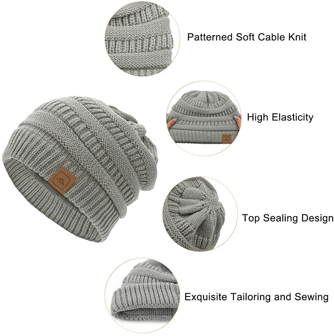 Women Winter Fashion Certified Non-mulesed Merino Woolen Blend Slouchy Custom Cable Knit Ponytail Beanie Toque Hat