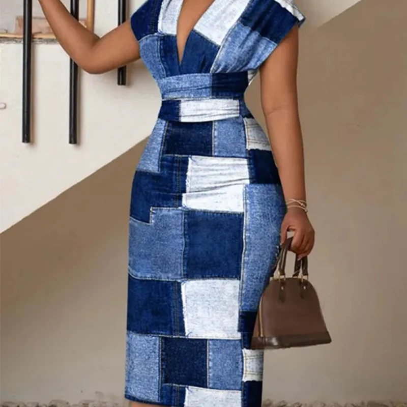 Private Label Women Slim Bohemian Dress V-neck Short Sleeve Printed Dress High Waist Lady Midi Pencil Dresses