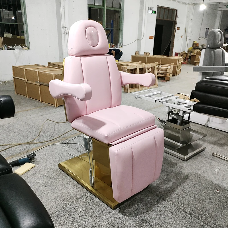 Beauty salon furniture pink leather lash massage table bed 3 motor gold base examination electric massage couch