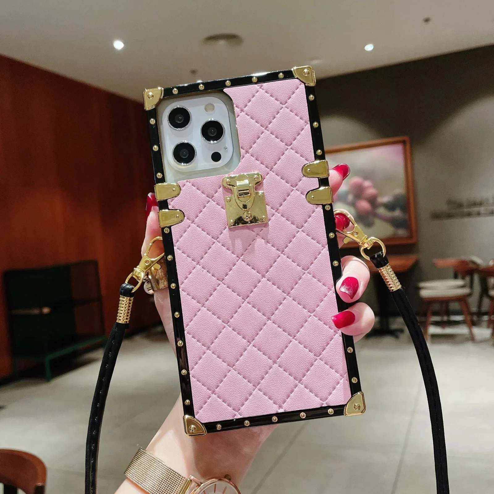 
Luxury Trunk Leather Phone Case for iPhone 12 Pro Max Square Cover Case 11 Pro XR XS Max 8 7 Plus for women 