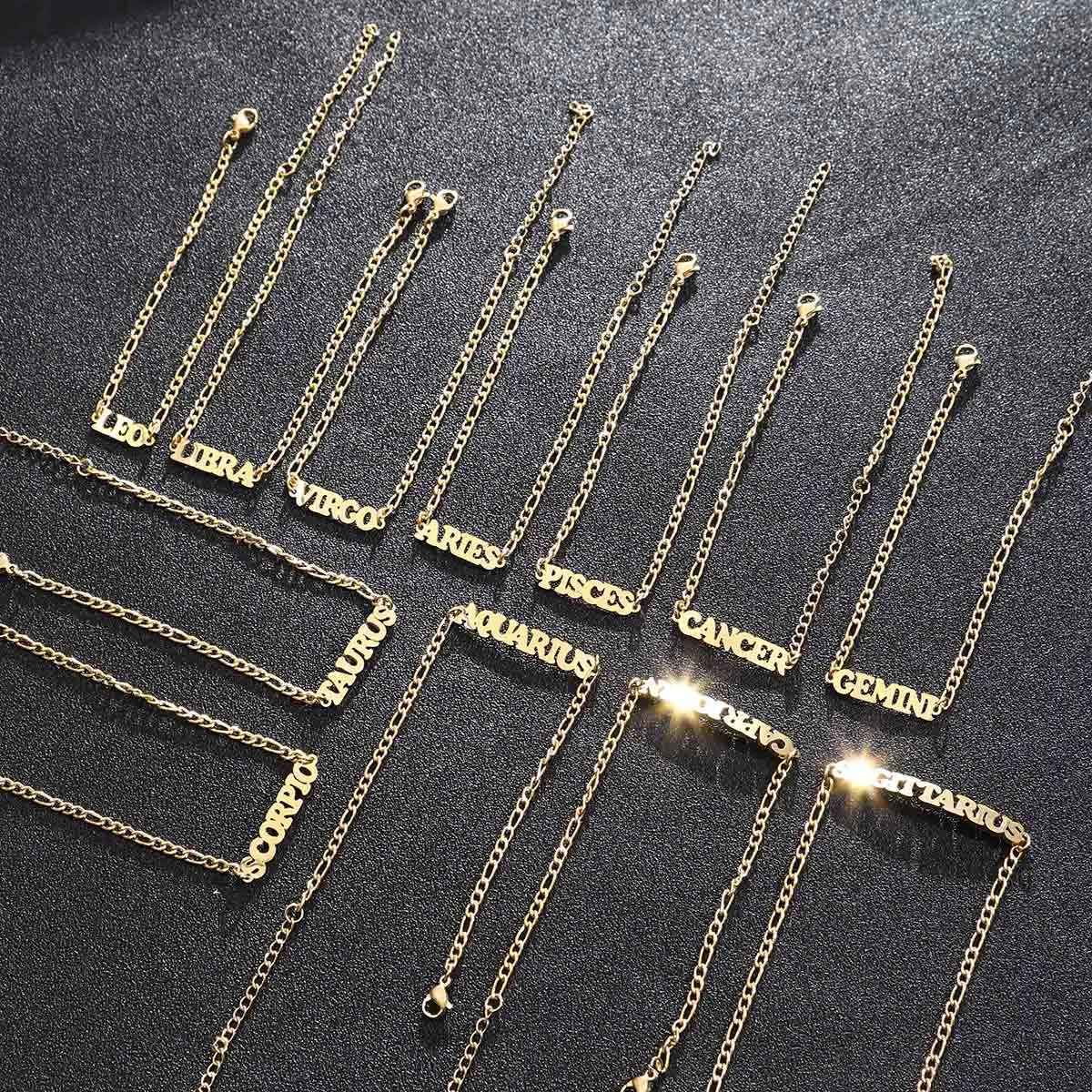 Hot Sale Stainless Steel 18K Gold Plated Zodiac Sign Bracelet Nk Chain Twelve Zodiac Bracelet English Letter Pendant Bracelet