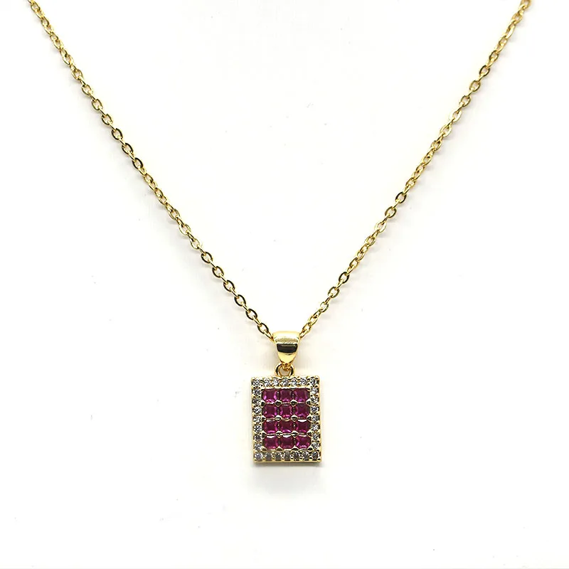 Square Pink Zircon Necklace Wholesale Fashion Jewelry Gold Plated Rectangle Pendant Necklace