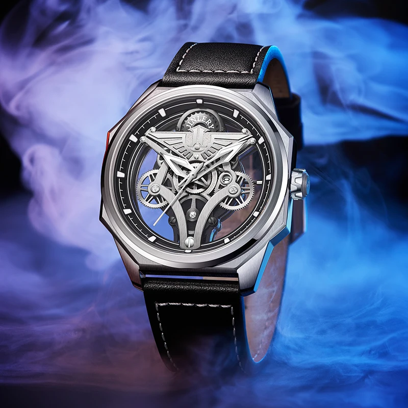 JINLERY Automatic Mechanical Watch Luxury Cutout Tribute Series Dial Design Waterproof Automatic Mechanical Wrist Watch