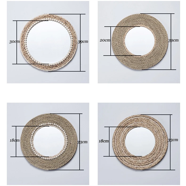 Boho Round Hanging Wicker Straw Rattan Bead Round Mirror Framed Wall Makeup Mirror For Bedroom Bathroom