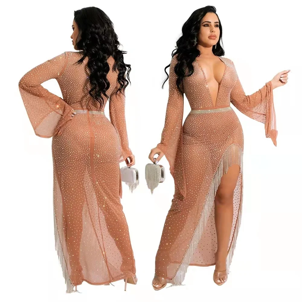 2022 Women Party Dress Perspective Deep v-Neck Skirt Drilling Sexy Rhinestone Fringe Slit Tassel Evening Dress 3XL