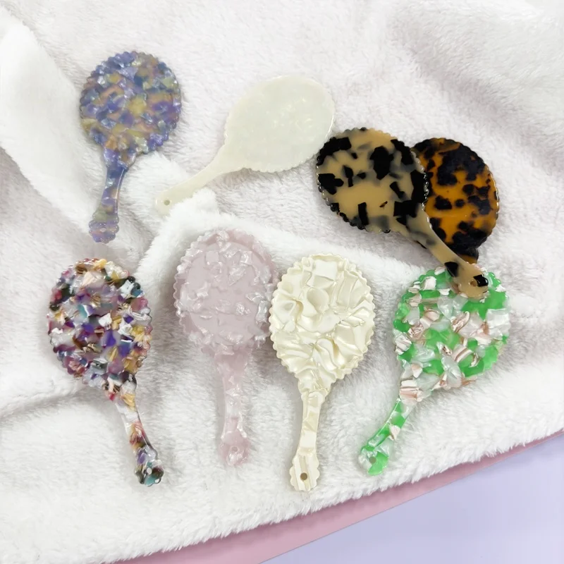 Fashion Retro Cellulose Acetate Mirror Plate Oval Flower Shape Portable Makeup Mirror Long Handle Tortoise Shell Pocket Mirror