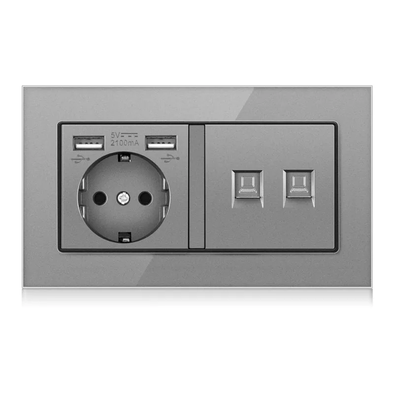 Toughened crystal glass panel German USB wall power socket plus 2 RJ-45 network sockets