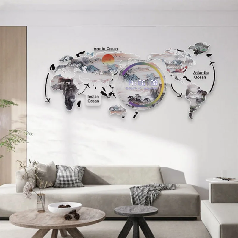 74x34cm wall Decorative Acrylic Digital Wall Clocks Creative World Map Shape Smart Led Clock with Calendar