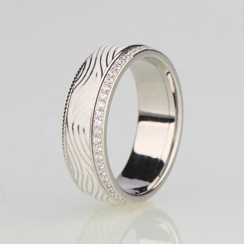Customized Vintage Exotic Solid 925 Sterling Silver Light Luxury Designer Leopard Textured Damascus Style Enamel Ring For Women