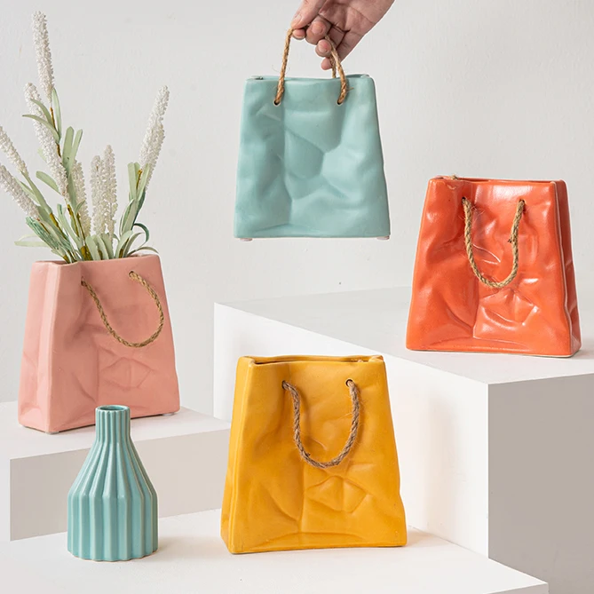 OEM Wholesale Custom Creative Morandi Matte Colors Ceramic Handbag Bag Shape Flower Vase
