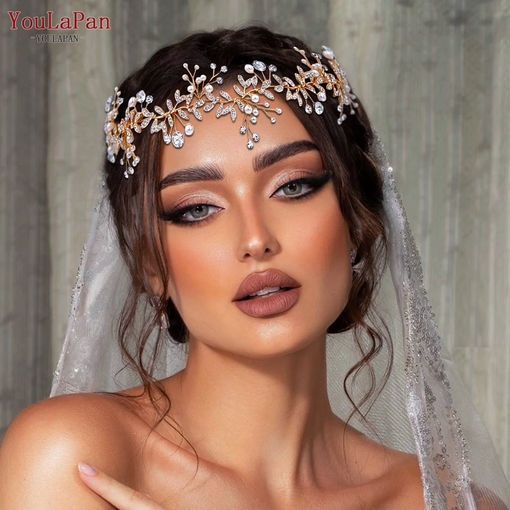 YouLaPan HP233 Элегантный женский орнамент для волос на лоб высококачественный сплав лист жемчуг горный хрусталь пластина повязка для волос свадебный головной убор