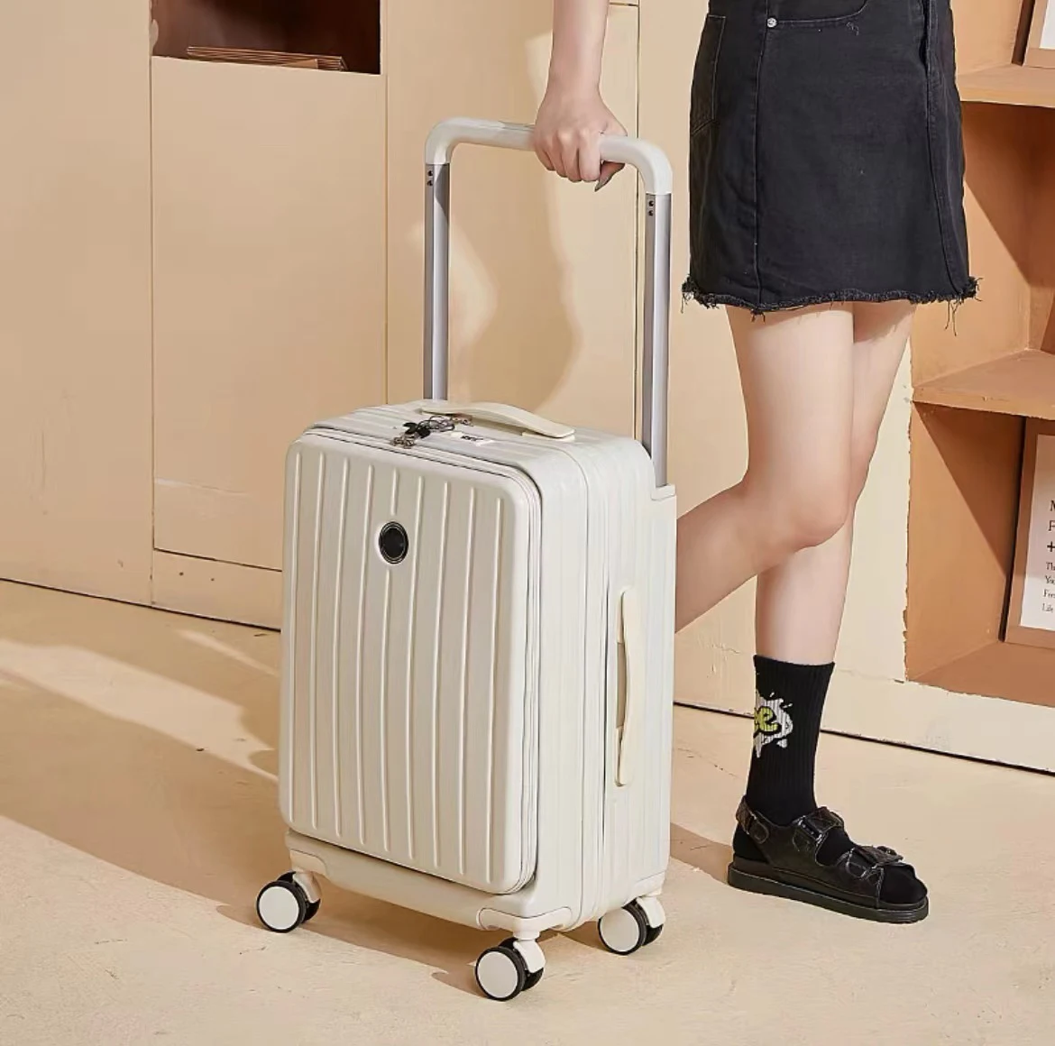 New wide trolley suitcase female front opening multifunctional high value boarding box 24 inch male suitcase with USB port hooks