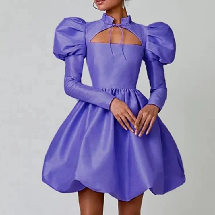 custom designer fashion summer elegant modest wholesale one piece lady cut out puff sleeve satin Prom Female mini dress women
