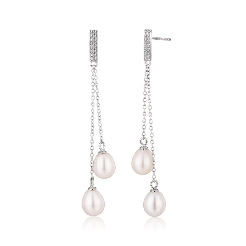 Custom Fashion Earrings Women Elegant Party Jewellery Natural Pearl Zircon Long 925 Sterling Silver Dangle Earrings
