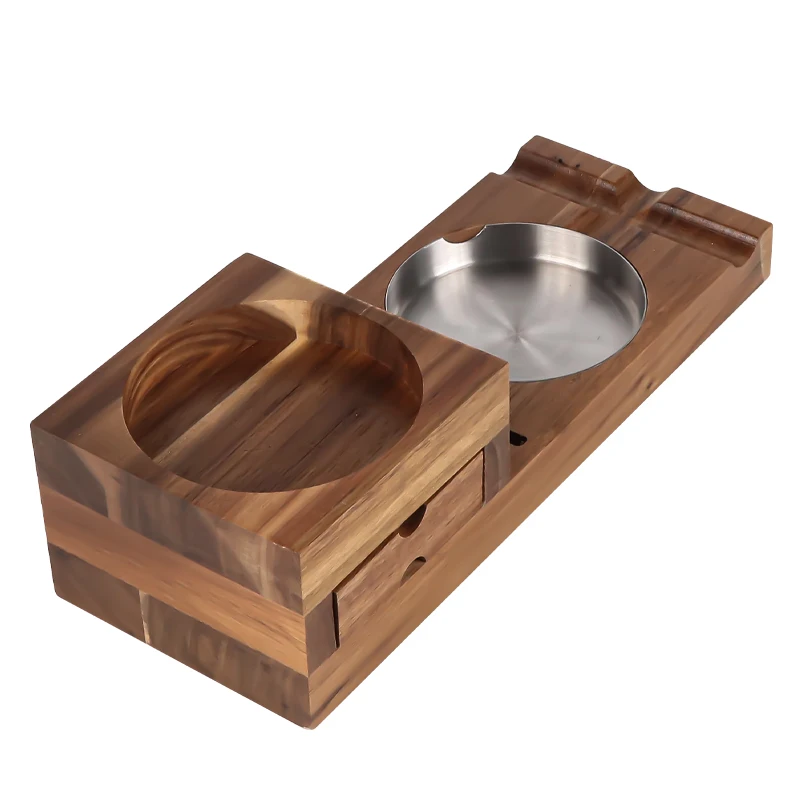 High Quality Wooden Cigar Ashtray Accessories Set Whisky Glass Tray Holder Cigar Ashtray Coaster With Cigar Cutter Slot