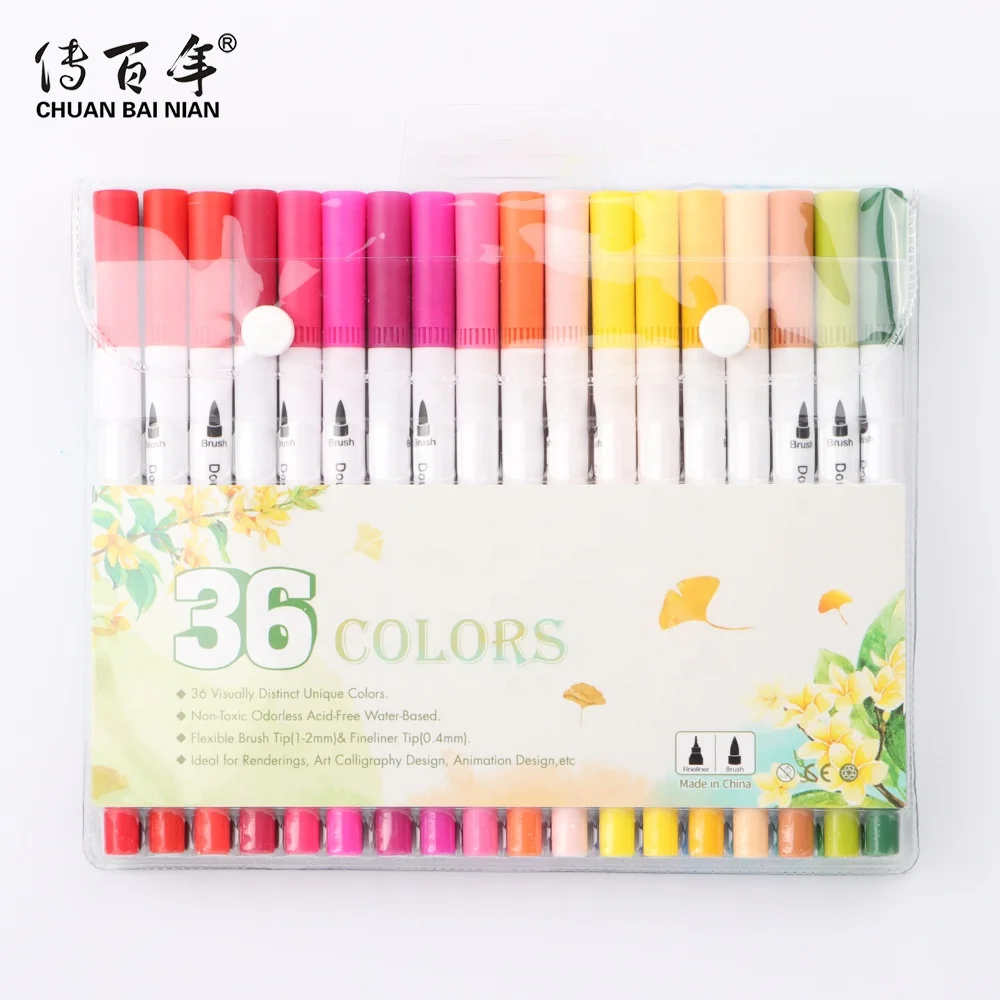 Good Quality Eco-friendly 48 Colors Water Based Dual Tip Brush Pen with Fineliner