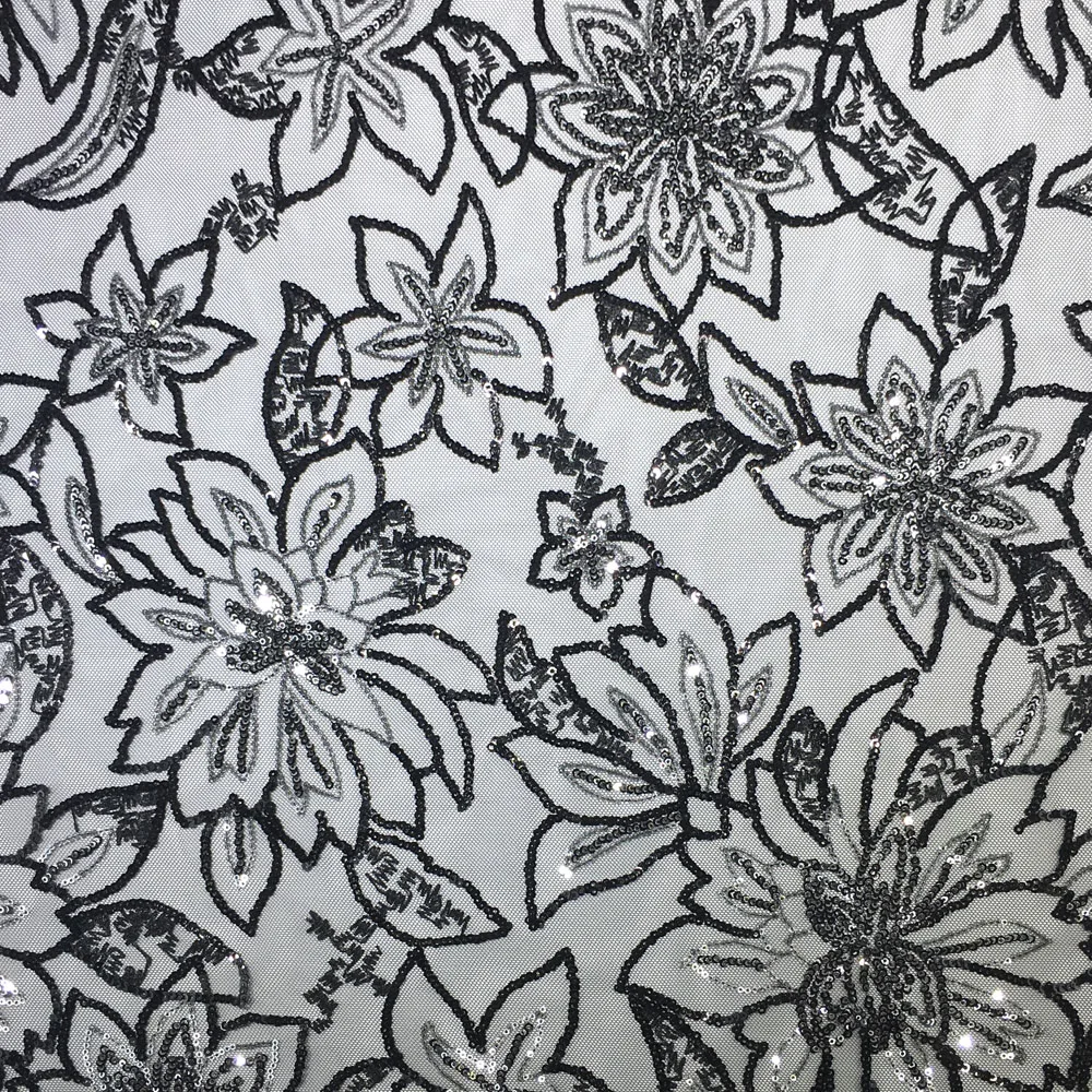 Newest design knitted fancy big floral flower tulle embroidery glitter sequin fabric