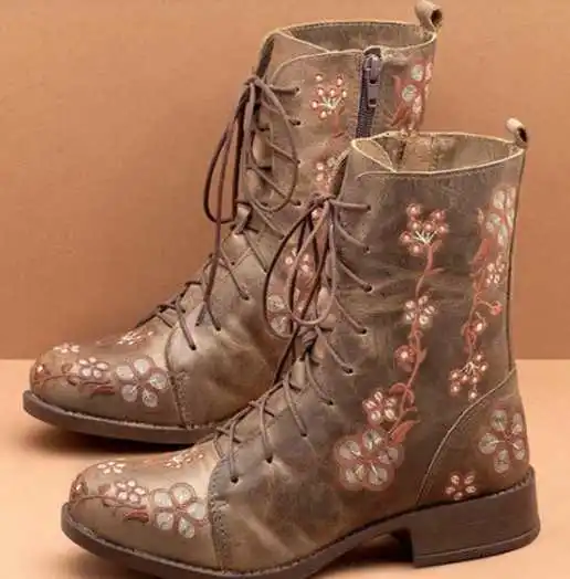 
Latest Stylish Designer Customized Leather Floral Embroidered Chunky Heel Ankle Ladies Boots ankle boots designer boots 