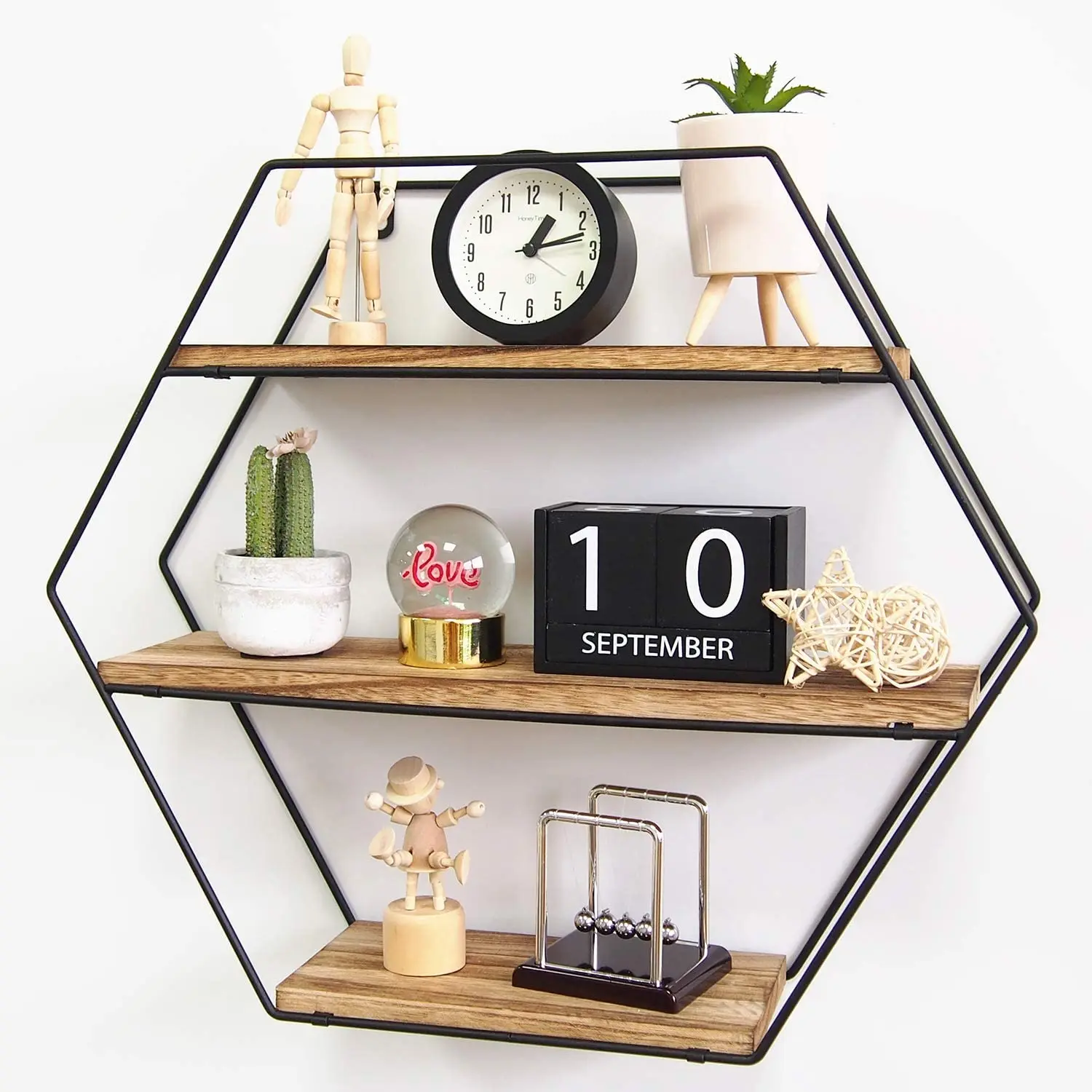 Hexagon Floating Shelves Wall Mounted Shelves Solid Wood Metal Bracket Rustic Wall Shelf for Living Room Bedroom Bathroom Kitche