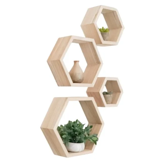 3-Pack Modern Vintage Hexagon Wall Decor Floating Shelves Iron & Rattan Decorative Storage Rack Set