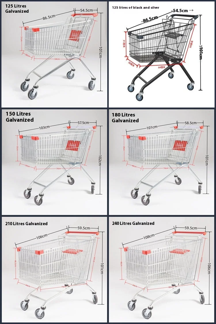 Wholesale customized 4 wheel steel Supermarket trolley shopping push cart / metal heavy duty mall shopping cart