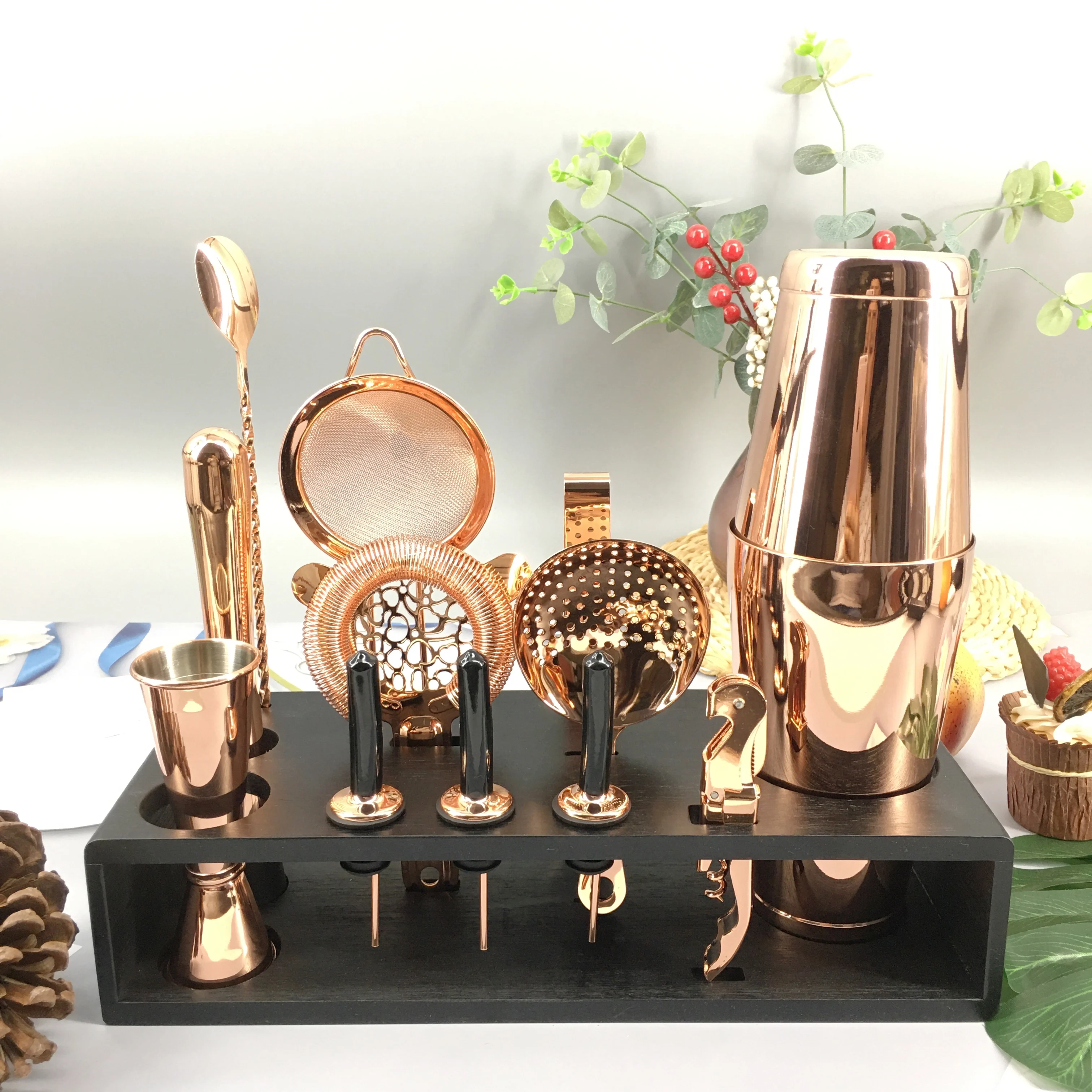 Топ продаж на Amazon, набор Бостонского коктейльного шейкера объемом 750 мл, бамбуковая подставка, ситечко в форме сердца, набор из 14 коктейльных шейкеров из нержавеющей стали