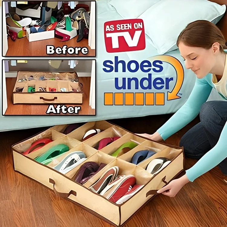 Under Bed Shoe Storage Organizer Set of 2 Large Containers, Each Fit 12 Pairs of Shoes Sturdy Box Strong Zipper & Handles