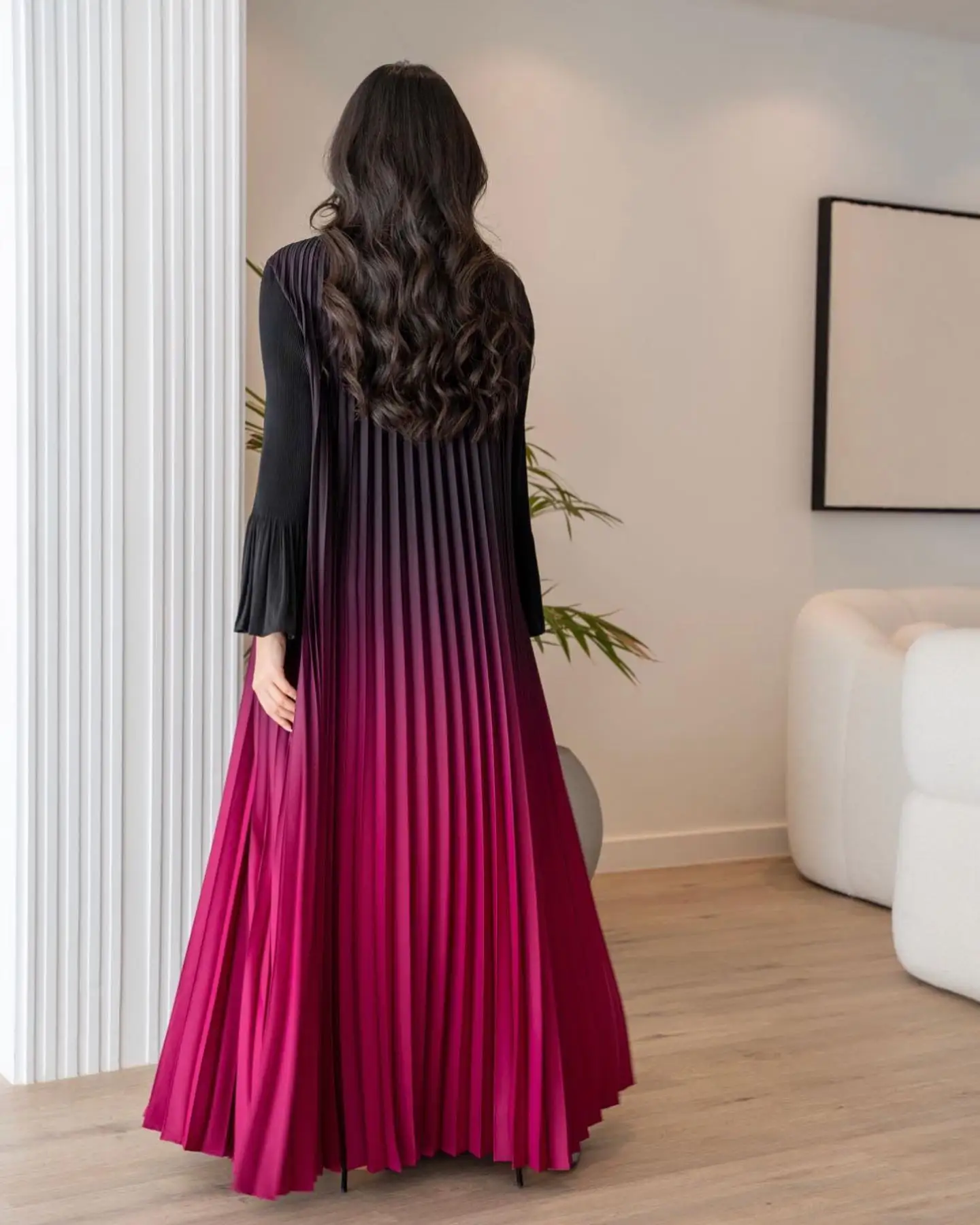 High Quality Gradient Color Open Cardigan Abaya Miyake Pleated Plus Size Straight Women Dress Customized Traditional Muslim