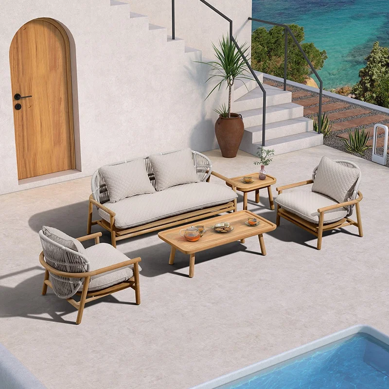 Wholesale Outdoor Aluminum Frame Rope Lounge Sofa Set Patio Garden Waterproof Teak Wood Sofa