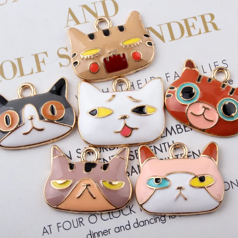 20x25mm DIY Gold Plated Zinc Alloy Jewelry Making Accessories Enamel Enameled Cute Cartoon Animal Big Face Cat Pendant Charm