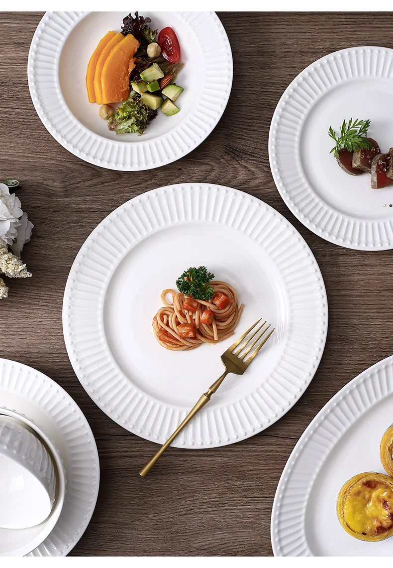 Bulk chinese kitchen plates sets ceramic porcelain tableware clay hotel tableware embossed other dinnerware set