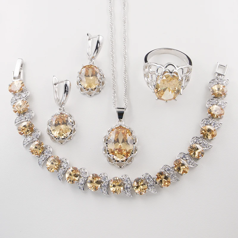 Gemstone 925 Silver Jewelry  White Gold Plated Jewelry Earrings Pendant Necklace Ring Bracelet Set