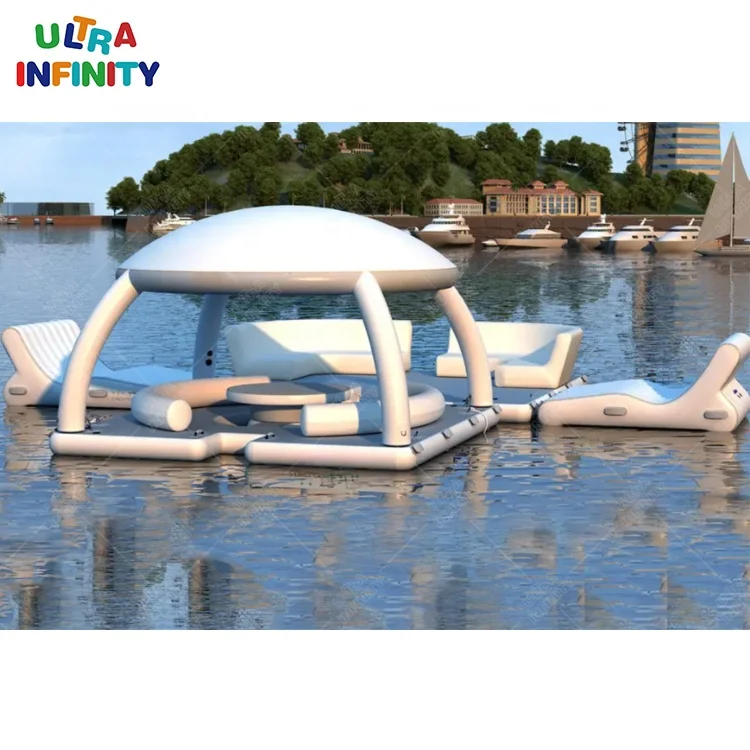 Moq 1 Pcs Commercial Inflatable Lake Floating Cabanas Floating Dock Platform With Tent Aqua Party Bana For Sale