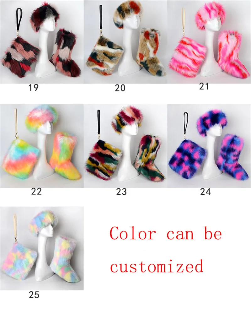 IDOIT Hot Selling Women Shoes Faux Fluffy Fur Snow Boots With Matching Purse And Headband Set Snow Fur Boots Women Shoes
