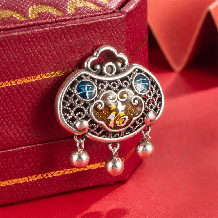 Chinese style s999 full silver vintage make old safety lock pendant Chinese style Fu character hollow flower silk water ripple