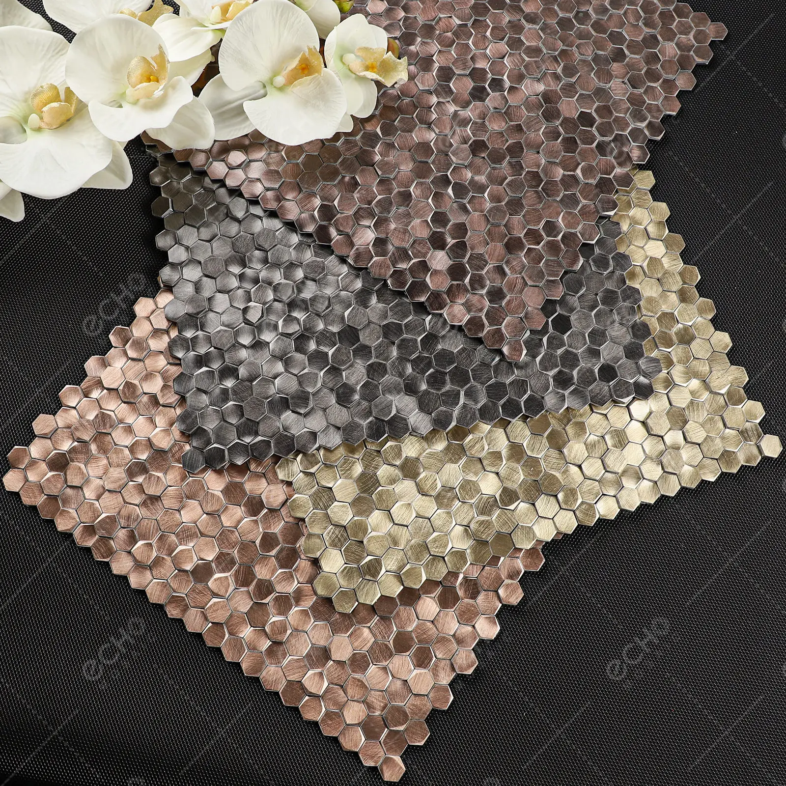 Bronze color mini hexagon net backing gravity aluminium 3d mosaic for TV background