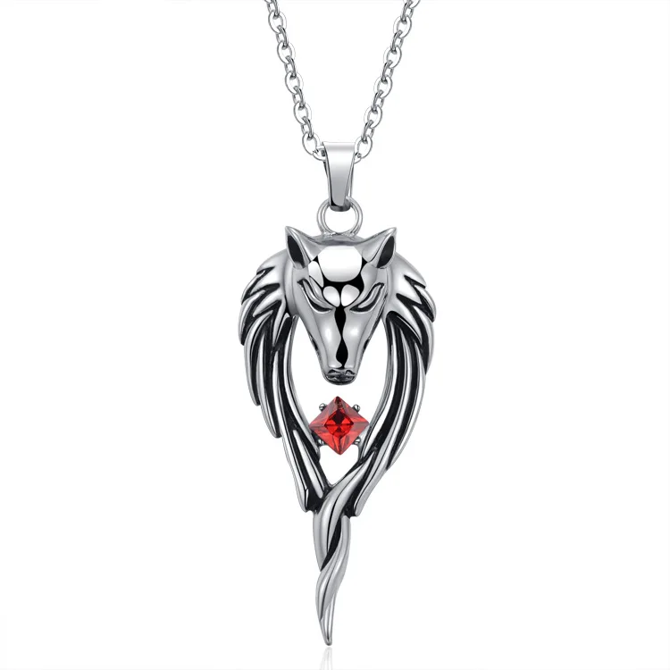Punk Stainless Steel Tribal Wolf Red Diamond Cubic Zirconia Ruby Pendant Necklace For Men
