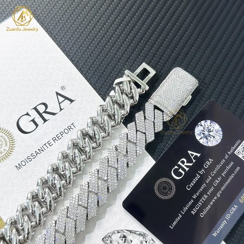 pass tester easily big size width 16mm18mm 20mm cuban chain 925S Gold Plated 3 rows lab grown moissanite necklace bracelet chain