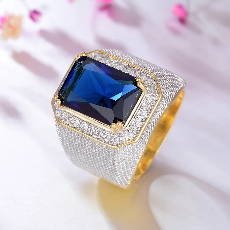 CAOSHI Zircon Crystal Rectangle Mens Ring Blue Black Large Wedding Male Wide Gold Punk Men Finger Rings Hip Hop
