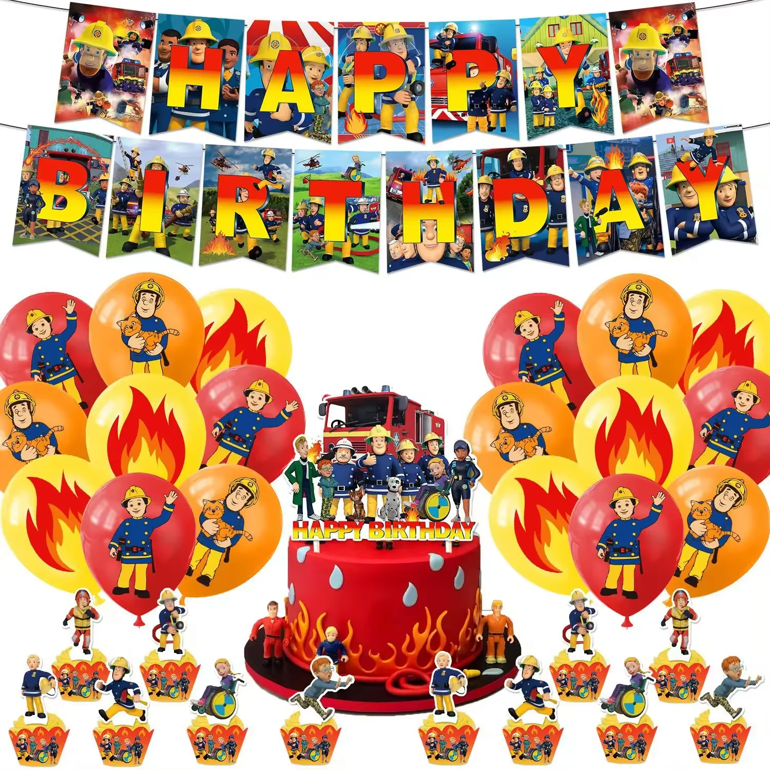 Fireman theme Birthday Party Supplies Carton Happy Birthday Banner Firefighter Cake Topper Kid Birthday Party Decoration