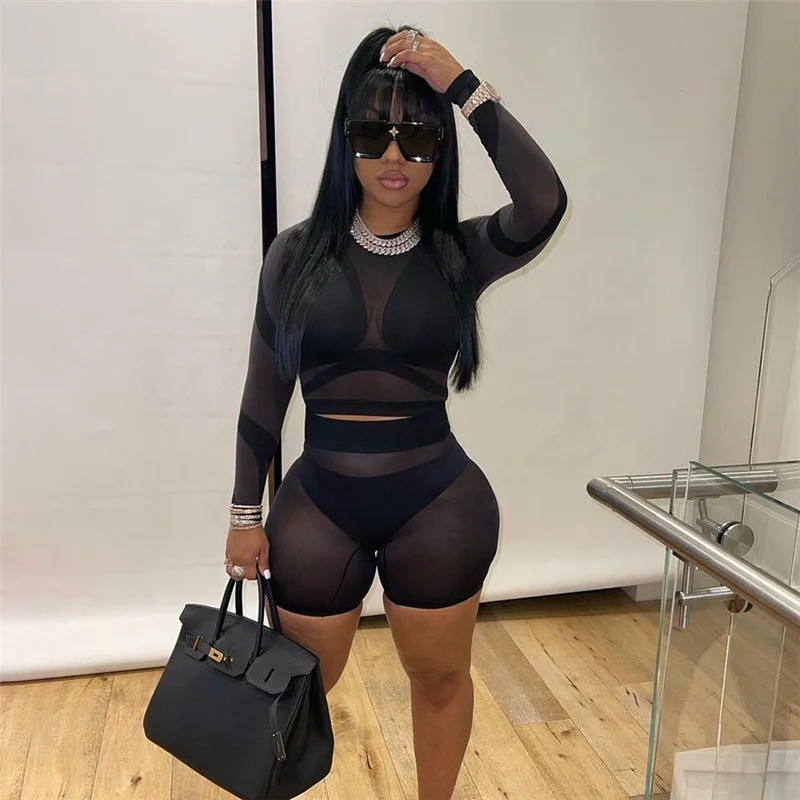 Ready to ship long sleeve mesh black short set 2 piece casual sets see through outfits mesh 2 piece sets women bodycon clubwear