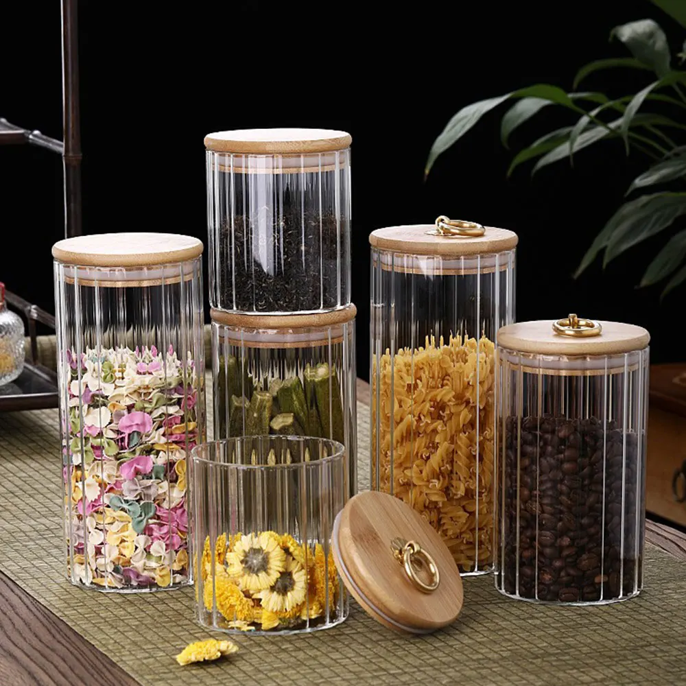 Vertical Grain High Borosilicate Glass Storage Jar with Bamboo Lid and Copper Ring Handle Glass Container Jar