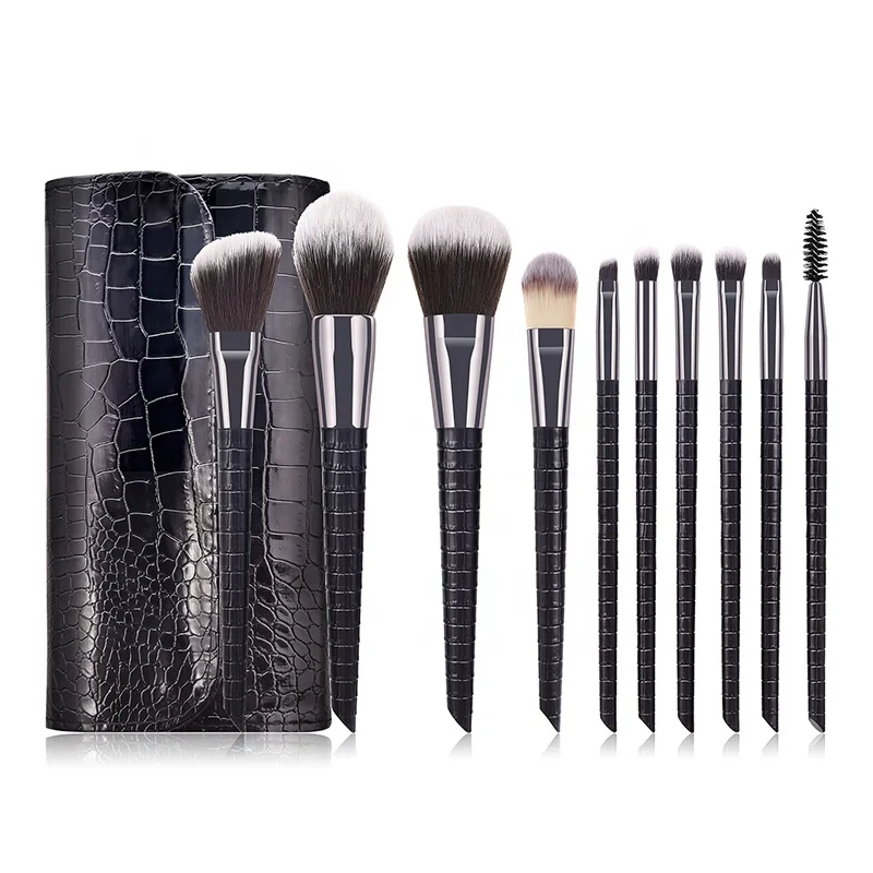 Miyaup Scale Shape Wood Handle Cosmetics Set Makeup Brushes Black Make Up Brush With PU Bag Private Logo Makeup Brushes Set