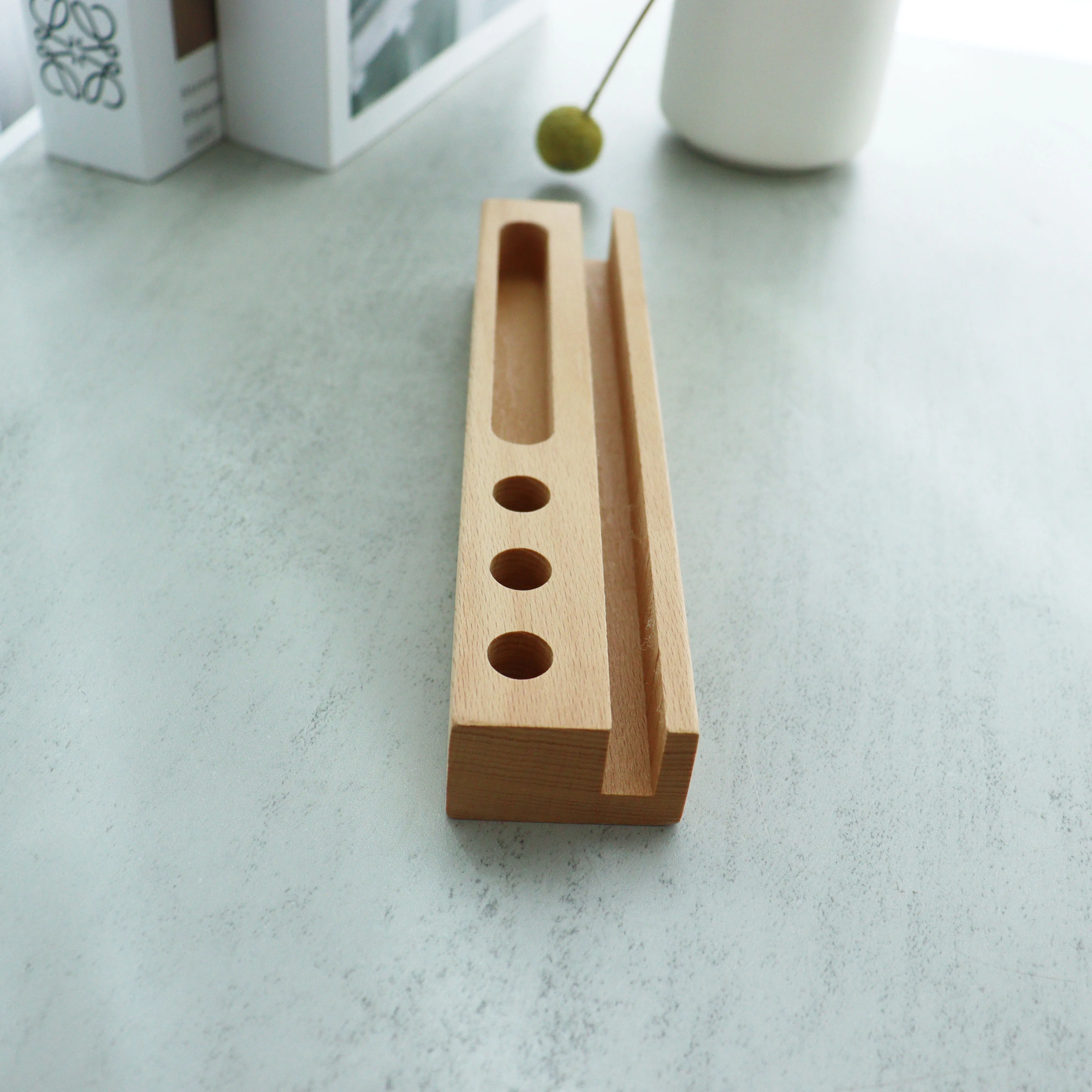 Office desk accessories Multipurpose Wood business name card Pen Stand Pencil Holder Cell Phone Holder Stand Organizer