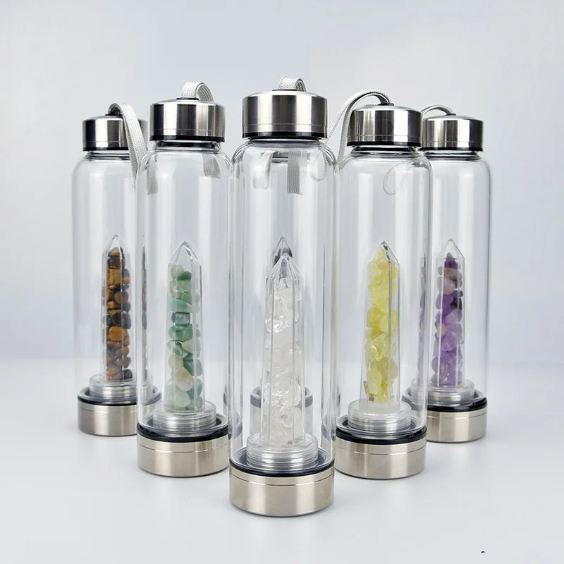 Crystal Water Bottle Water Bottle With Gemstone Center Crystal Bottle With Natural Crystal Point Plastic Post