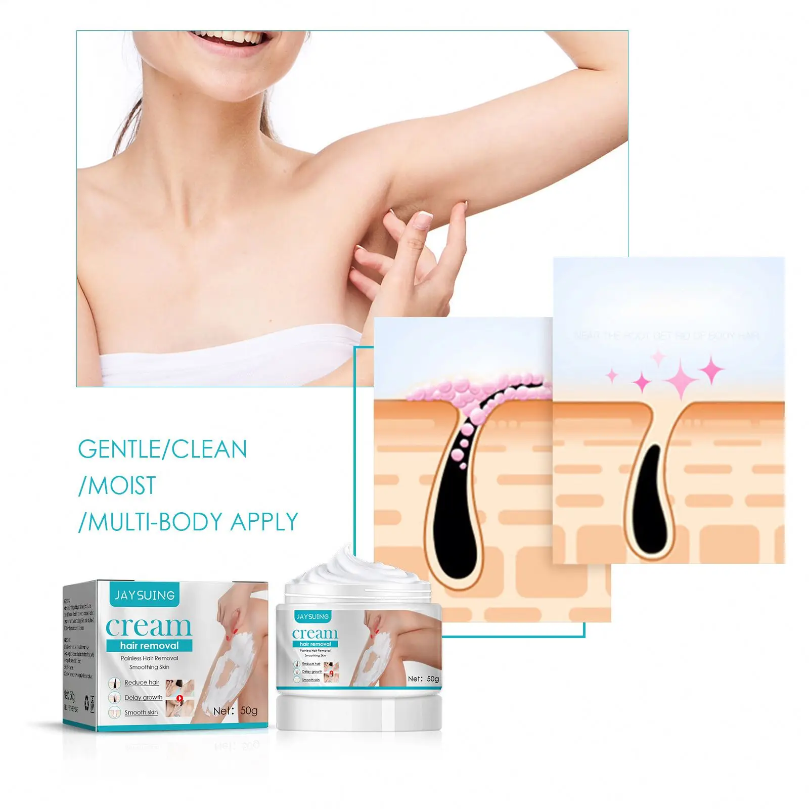Jaysuing Hair Removal Cream Repairing Painless Removal Depilation Gentle Effective Nourishing Body Care Hair Removing Cream 50g