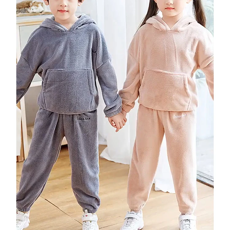 Manufacturer Soft Coral Fleece Solid Pajama Sets Children Two Piece Sleepwear Set Kids Plain Pajamas