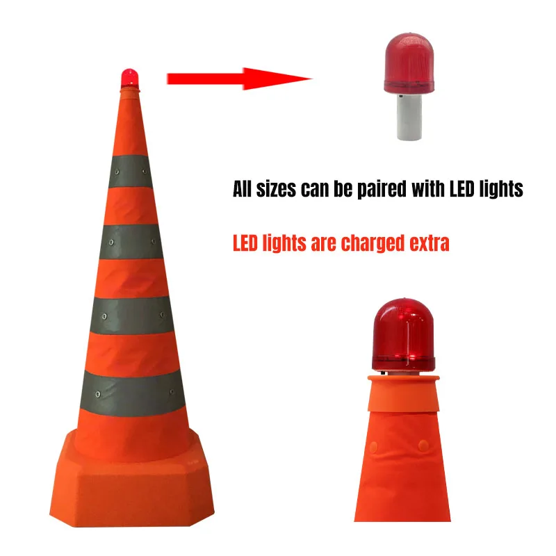 Cheap Wholesale Single Double Reflective Tape Collapsible Traffic Safety Cones with LED top light 30-75 cm High