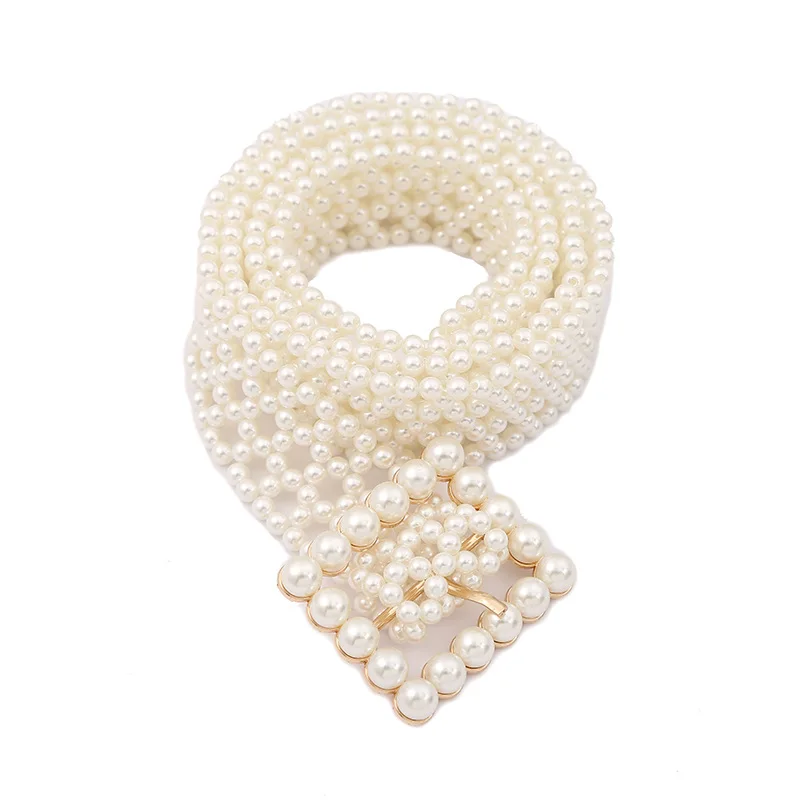 REWIN Fashion Handmade High Quality Lady Pearl Weaved Beaded Chain Waist Belt for Women Dress