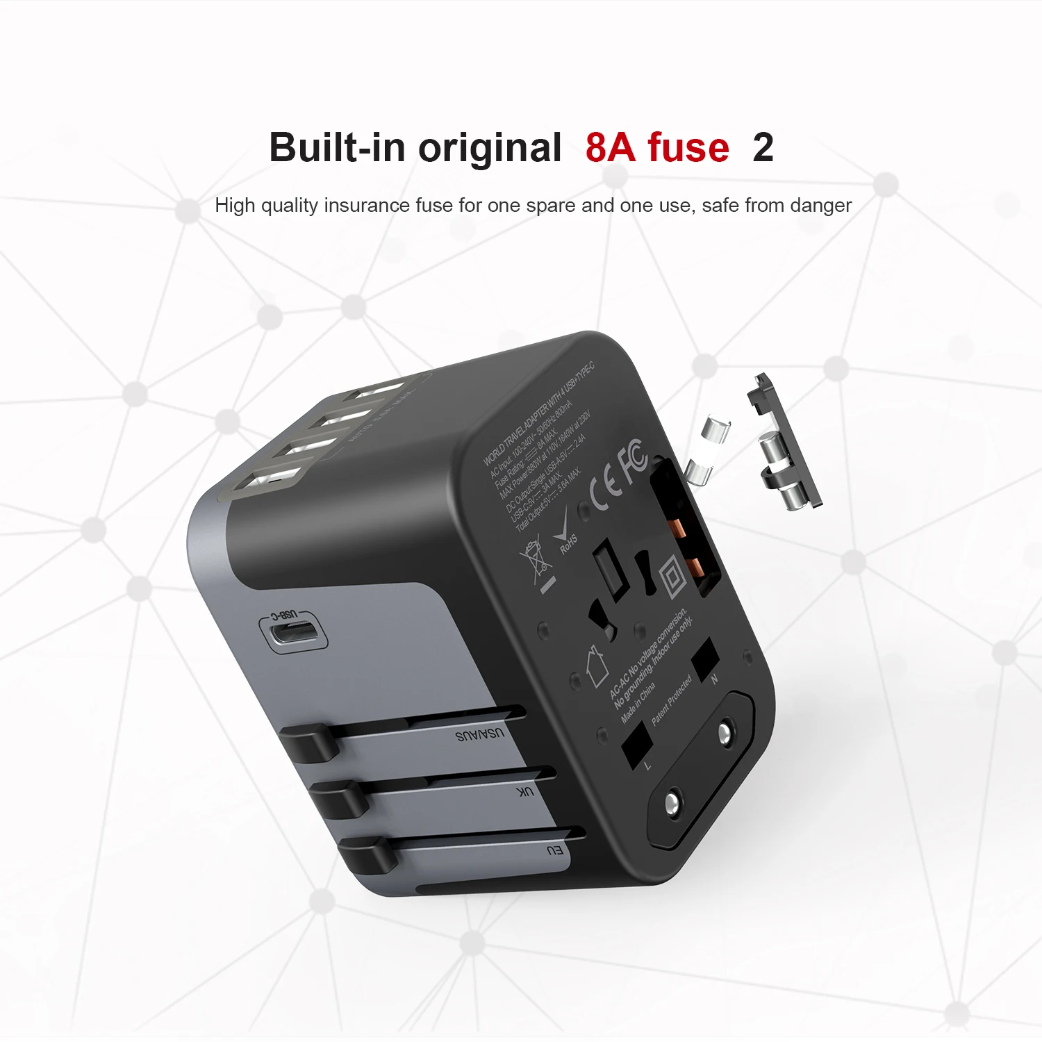 
New Design Portable Travel Adapter 4USB Type c 5600ma Output Multi plug Universal Charger 